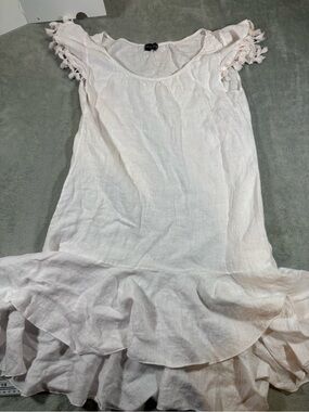 Terzo Millennio White 100% Linen Ruffled Mini Dress Tassel Sleeves Medium
